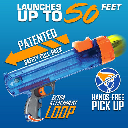 Nerf Dog Tennis Ball Blaster Dog Toy Gift Set, Tennis Ball Dog Fetch Toy Launches up to 50 Ft, Dog Ball Thrower for All Breeds Includes Translucent Blue Tennis Ball Launcher and 3 Dog Tennis Balls2