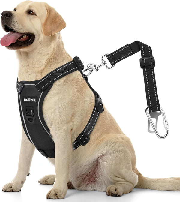 Vavopaw Dog Seat Belt Vest Harness for Car,2 in 1 Seatbelt Buckle | Soft Breathable Mesh,Adjustable Buckle,Nylon,Heavy Duty Pet Safety Seat Belts for Small Medium Large Pets,Black,L38