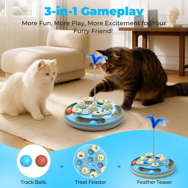 3 in 1 Cat Treat Puzzle Feeder, Level 3 Interactive Cat Puzzle Toy with Track Balls, Feather Teaser & Slow Feeder Insert, Non-Slip Base, Mental Stimulation for Bored Indoor Cats, Blue3