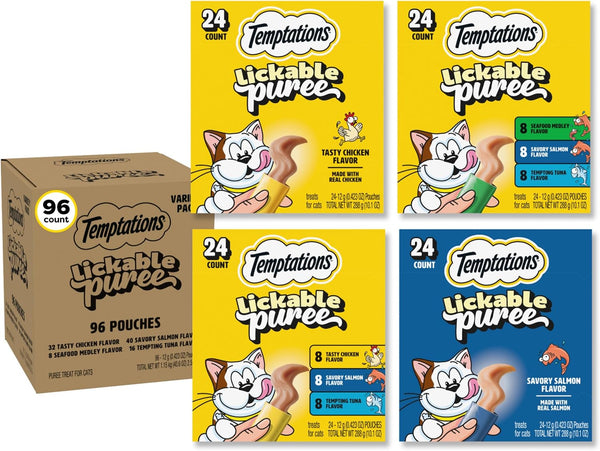Temptations Creamy Puree Cat Treats, Chicken, Salmon & Tuna, 24 Count | under 15 Calories per Tube, Great for Senior Cats, No Chewing Required, No Added Sugar, Fillers, or Artificial Preservatives27