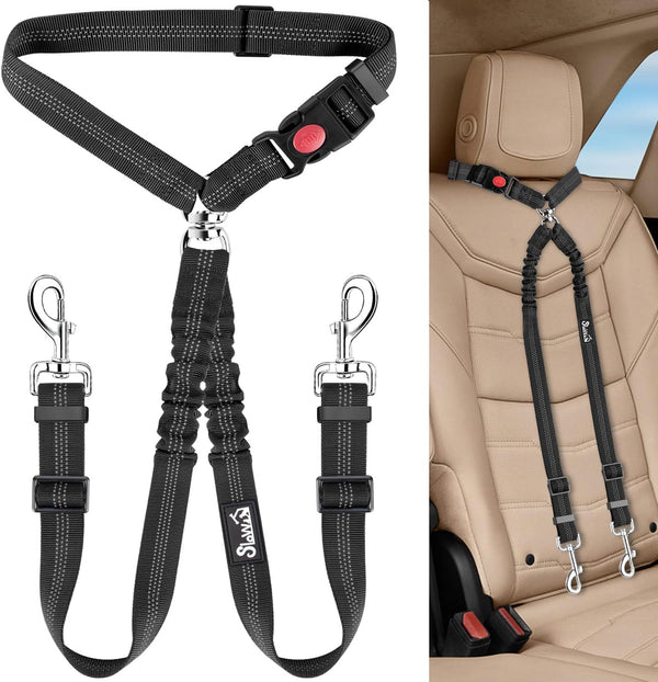 Lukovee Double Dog Seat Belt, Dual Pet Car Headrest Restraint Safety Seatbelt No Tangle Dog Leash Duty Adjust Elastic Bungee Puppy Lead Splitter Connect Harness in Vehicle Travel for 2 Dogs,Black1