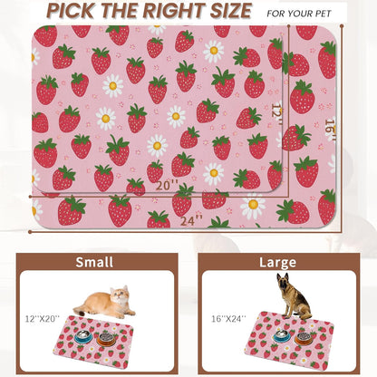 Cute Strawberry Flower Dog Cat Food Mat,Pink Absorbent Pet Feeding Mat with Rubber Backing,Non-Slip Water Bowl Placemat,Indoor Pet Accessories Supplies 12"X20"2