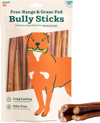 WOOF Bully Sticks Dog Treats - Chew Sticks for Dogs - Long-Lasting Dog Chew Treats - Made with Free-Range, Grass-Fed Beef - 6" Sticks - 10Pk11