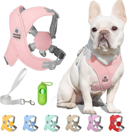 Patas Lague Dog Harness with Leash Set Adjustable Soft Padded Step-In Dog Vest No Choke No Pull Reflective for Small Medium Pets with Poop Bags and Dispenser, Solid and No-Chew, Pink M11