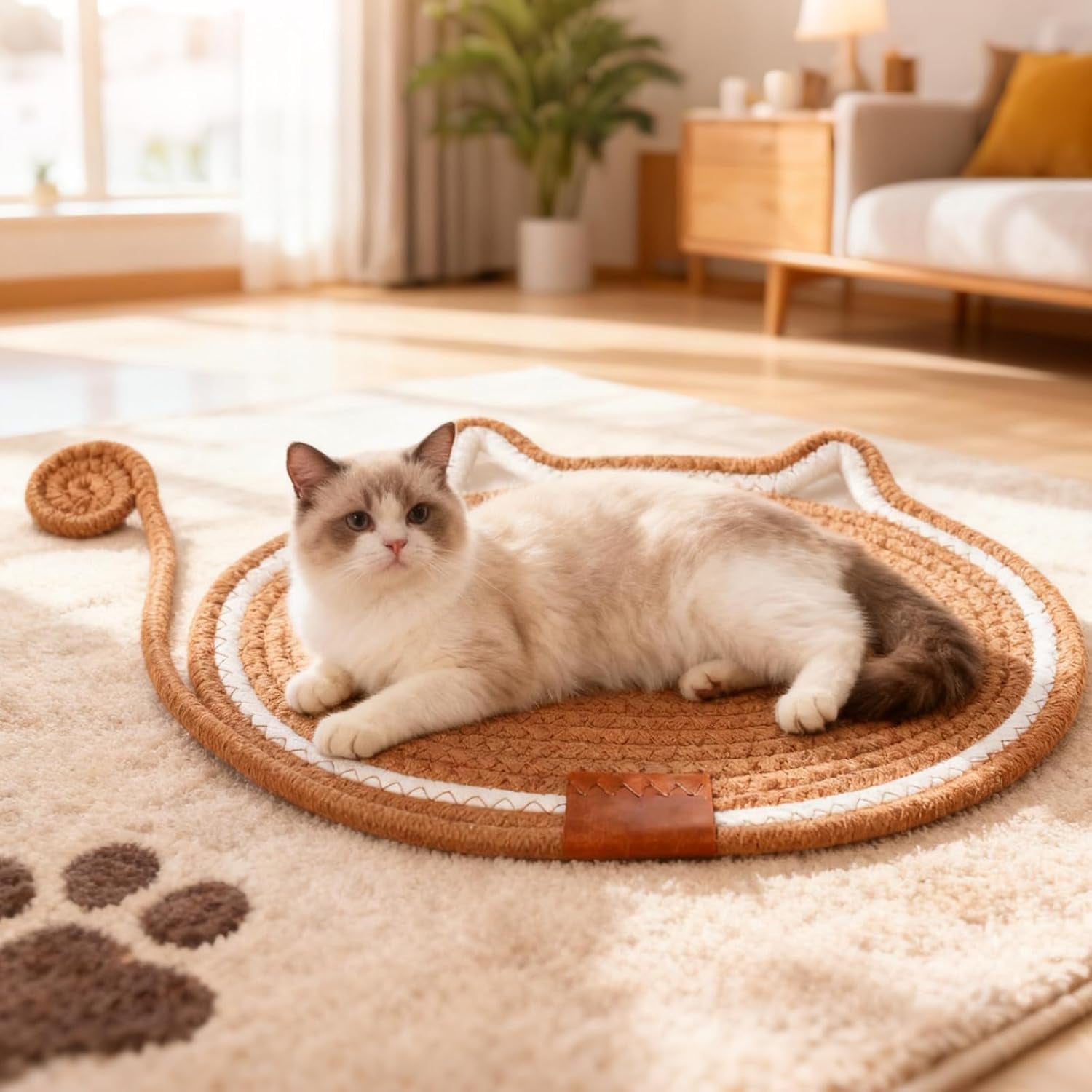 2-pc-cat-scratcher-mat-natural-cotton-rope-oval-horizontal-scratch-pad-11x13-7-with-dangling-ball-toy-cat-ear-design-furniture-protector-for-floor-wall-durable-handmade-balck-2-pc