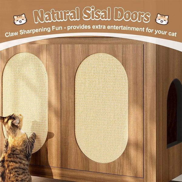 Cat Litter Box Enclosure Furniture, Hidden Litter Box Cabinet Cat House Side Table with Drawer & Sisal Scratch Pads, Wooden Pet Furniture for Living Room, Bedroom,Brown5