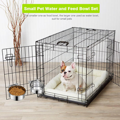 2 Pcs Small Pet Dog Food Water Bowl for Cage Stainless Steel Non-Spill Kennel Hanging Cats Pets Bowls with Clamp Holder Crate Feeder Dish for Small Dogs Pets (4.7X1.9'' & 3.9X1.7'')3