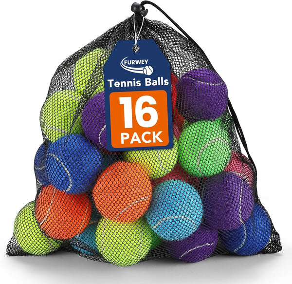 FURWEY Tennis Balls for Dogs 16 Pack,2.5 Inches,Durable and Non-Toxic Dog Toys Balls with Mesh Bag,Colorful Fetch Toys Balls for Pet Dog (Non Squeaky)1