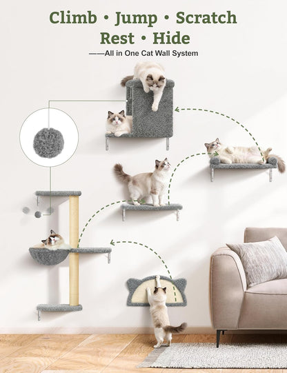 5-In-1 Cat Wall Shelves, Solid Wood Cat Wall Furniture Set for Indoor Cats | 44 Lb per Shelf, 72-Hour Load Tested, Pre-Drilled, Fits 16 In. Stud Drywall & Solid Walls, for Small to Medium Cats2