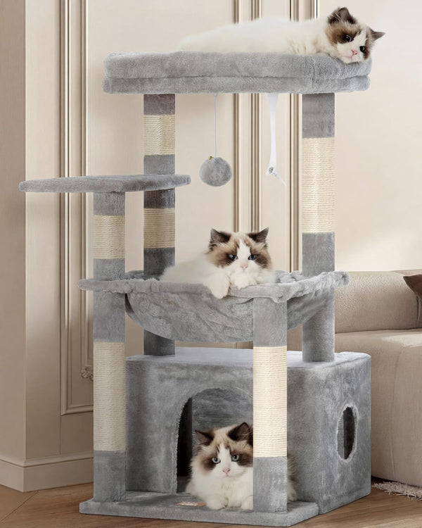 Heybly Cat Tree, Kitten Tower with Large Soft Cat Basket,Cat Condo with Spacious Cat Bed Cave with Hidden Space，Sisal-Covered Scratching Posts,Dangling Ball for Indoor Cats, Light Gray HCT008SW1