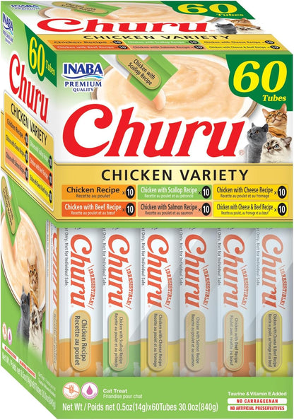 INABA Churu Cat Treats, Lickable, Squeezable Creamy Purée Cat Treat with Green Tea Extract & Taurine, 0.5 Ounces Each Tube, 50 Tubes, Tuna & Chicken Variety25