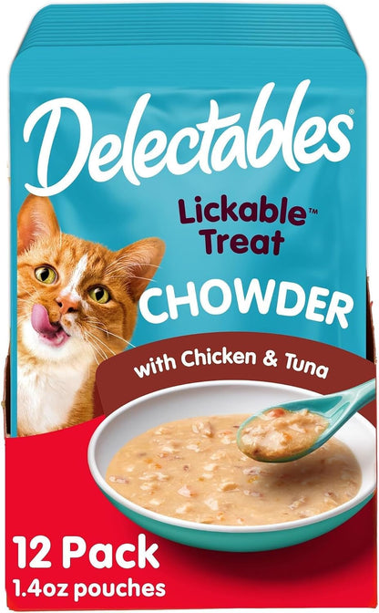 Delectables Lickable Treat Chowder Wet Cat Treat with Real Tuna & Chicken, Food Topper, Hydrating, Grain-Free, No Fillers, By-Products, Added Preservatives, 1.4Oz Pouch, 12Ct14