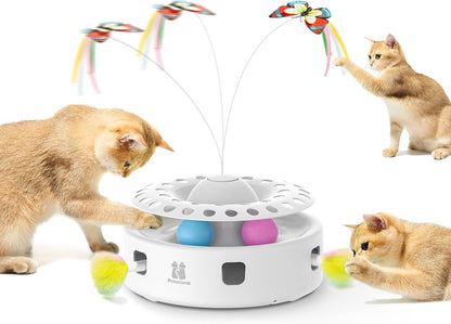 Potaroma Cat Toys 3In1 Automatic Interactive Kitten Toy, Fluttering Butterfly, Moving Feather, Track Balls, Dual Power Supplies, USB Powered, Indoor Exercise Kicker (Bright White) | Fluttering Butterfly, Moving Feather, Balls, Dual Power Supplies, USB Powered, Indoor Kitty Exercise Kicker (Bright White)1