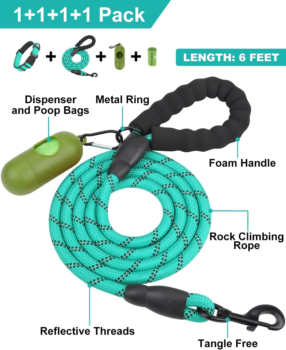 dynmeow-reflective-dog-collar-and-leash-set-for-large-dogs-teal-soft-neoprene-padded-6ft-climbing-rope-ideal-for-daily-outdoor-walking-or-indoor-wearing-night-visible-for-safety