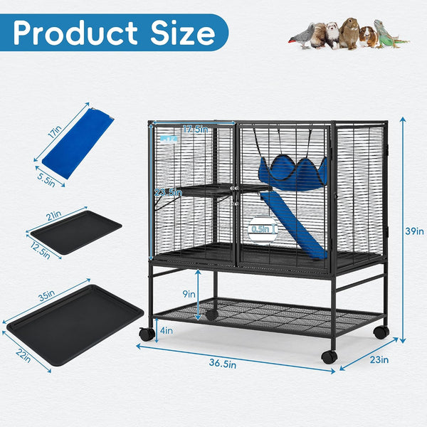 HABUTWAY 40''H Large Metal Rolling Ferrets Cage, 2-Tiers Small Animal Cages, Cage for Rats/Chinchillas, 0.5'' Bar Spacing for Ferret,Small Animal Cage W/Removable Ramp & Platform3