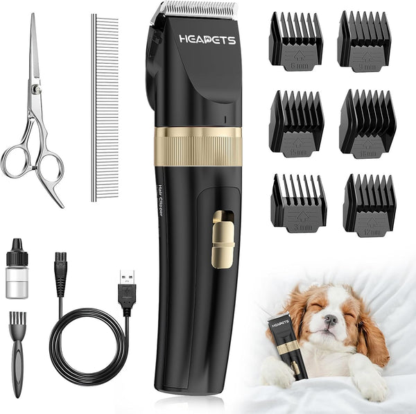HEAPETS Dog Grooming Clippers, Low Noise, Electric Quiet, Adjustable Clipper Comb, Rechargeable Cordless Dog Hair Clippers for Dogs Cats Pets, Gold10