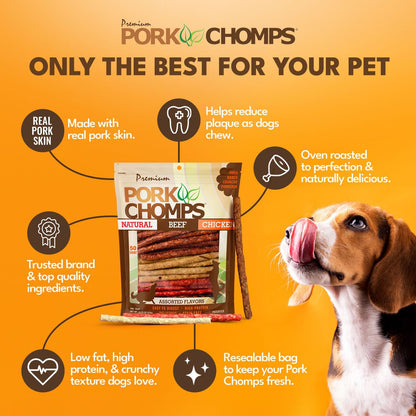 Pork Chomps Dog Chews, 5 in Munchy Sticks, Assorted Flavors, 50 Count | Oven-Baked from Real Pork Skin - a Rawhide-Free Chew That'S Low in Fat, High in Protein, and Easy to Digest3