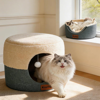 2-In-1 Foldable Cat Bed for Indoor Cats, Cat Cave & Sofa Bed | 15.7"D X 13"H, Reversible Plush & Linen Cushion,Enclosed Cat Bed, Hanging Cat Toys, Non-Slip, Small Cat House, Grey15