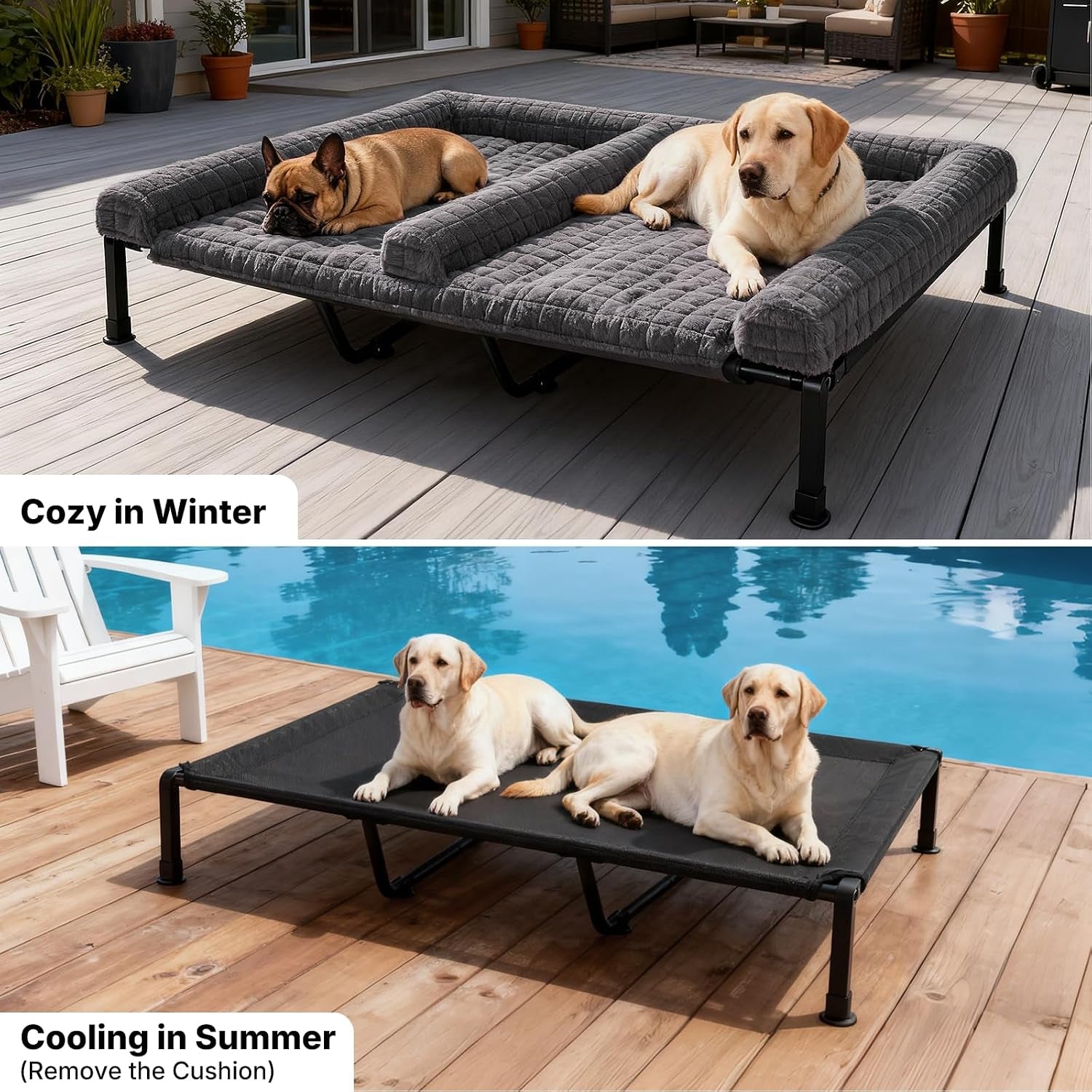 veehoo-fluffy-plush-double-dog-couch-bed-for-two-large-dogs-washable-elevated-dog-beds-with-removable-bolster-cushion-cooling-raised-pet-cot-with-breathable-mesh-no-slip-feet-59-x-37-inches-grey