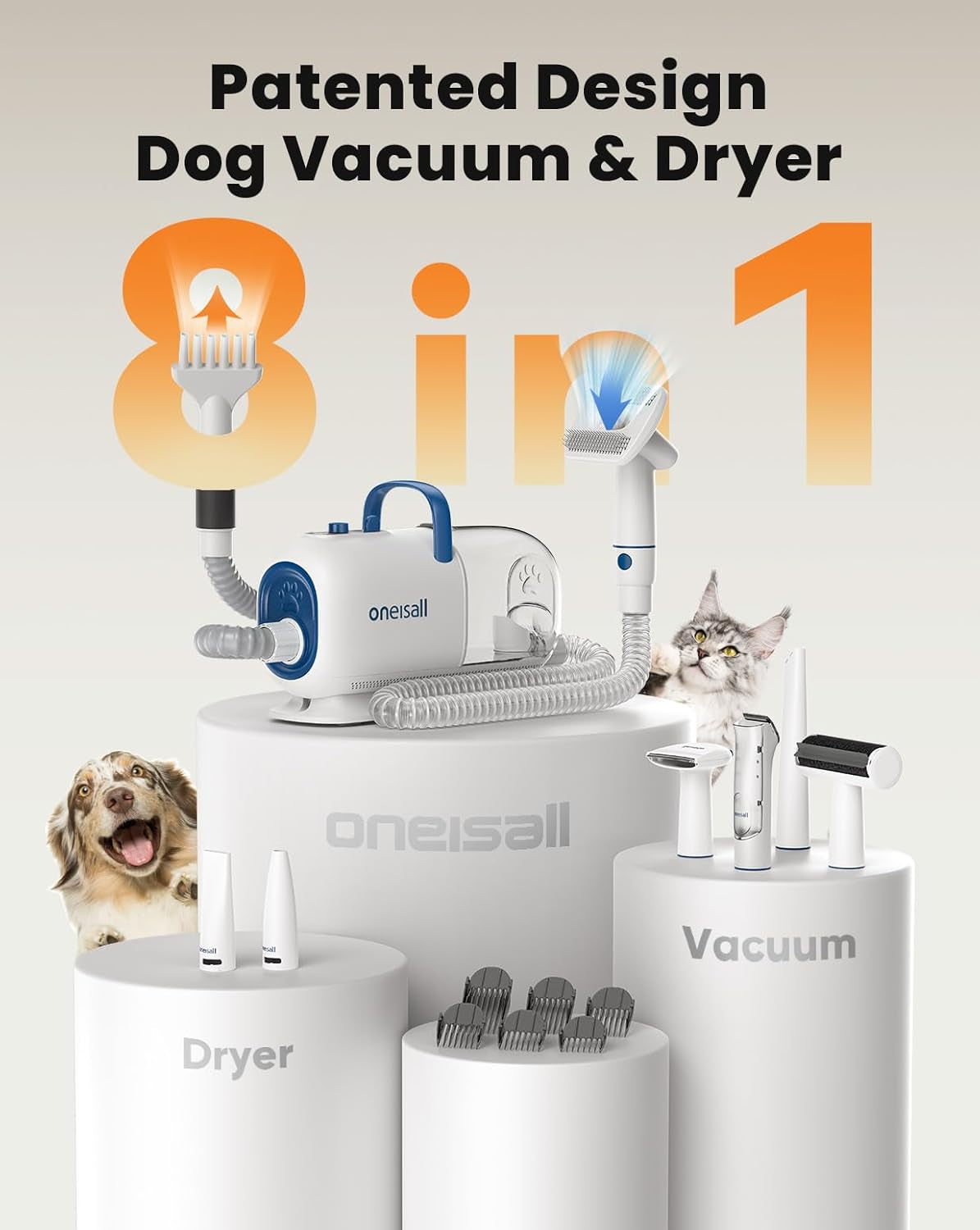 oneisall-8-in-1-dog-grooming-vacuum-dryer-for-shedding-drying-trimming-vacuum-blower-metal-blade-pet-clippers-adjustable-7-temp-3-air-levels-all-in-one-dog-grooming-kit-storage-bag
