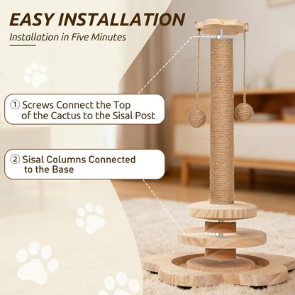 Scratching Post - 4 in 1 Cat Scratch Post, Interactive Cute Small Wooden Cat Scratcher with 2 Level Catnip Toys Balls & 2 Sisal Hanging Balls for Indoor Kitten Kitty3