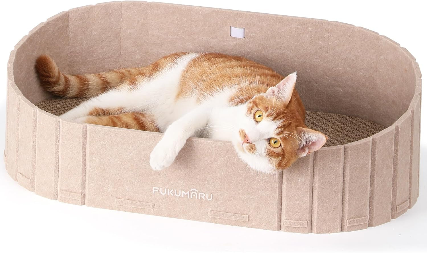 fukumaru-cat-scratcher-24-inch-sofa-shape-cat-scratching-bed-couch-indoor-oval-felt-cat-scratcher-bed-with-reversible-detachable-cat-scratching-boards-round-cats-scratch-pads-refill-beige
