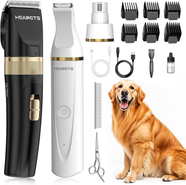 HEAPETS Dog Hair Clippers for Grooming Kit and Dog Paw Trimmer Nail Grinder for Grooming, Low Noise Rechargeable Cordless, Shaver Grooming Supplies for Pet Cats Dogs (Black, White)1