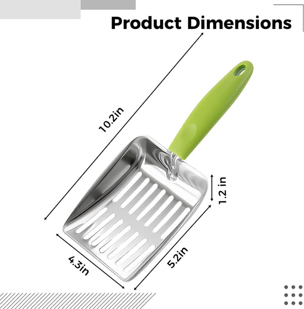 Cat Litter Shovel, Green, 430 Stainless Steel Metal Scooper with 5 Mm Fine Holes, 10.2 X 5.2 X 1.2 In, Non-Slip Pp Handle for Easy Cleaning & Storage2