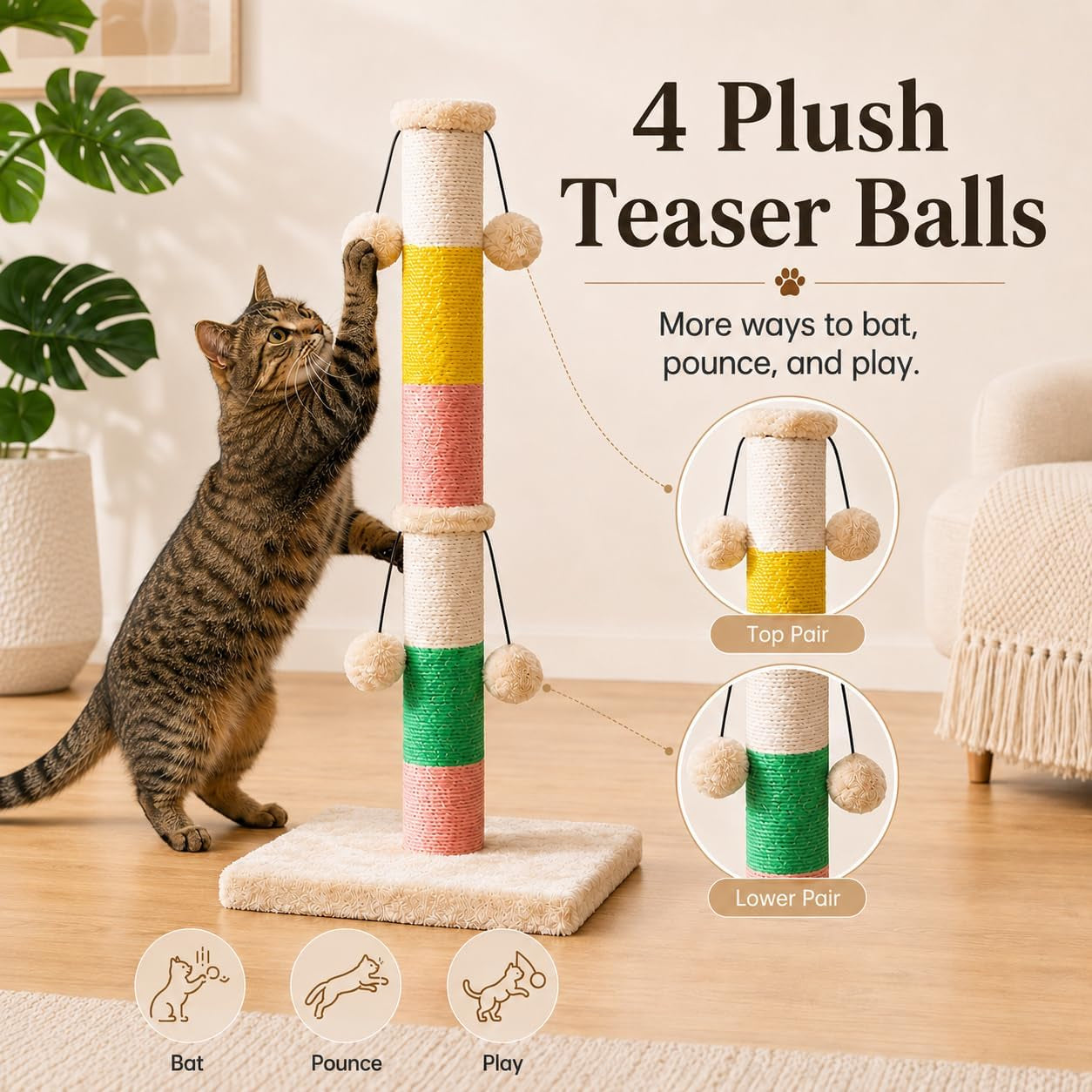 30-inch-high-cat-scratching-post-with-4-plush-teasing-toy-balls-natural-sisal-rope-post-and-thickened-base-red-green-yellow-white