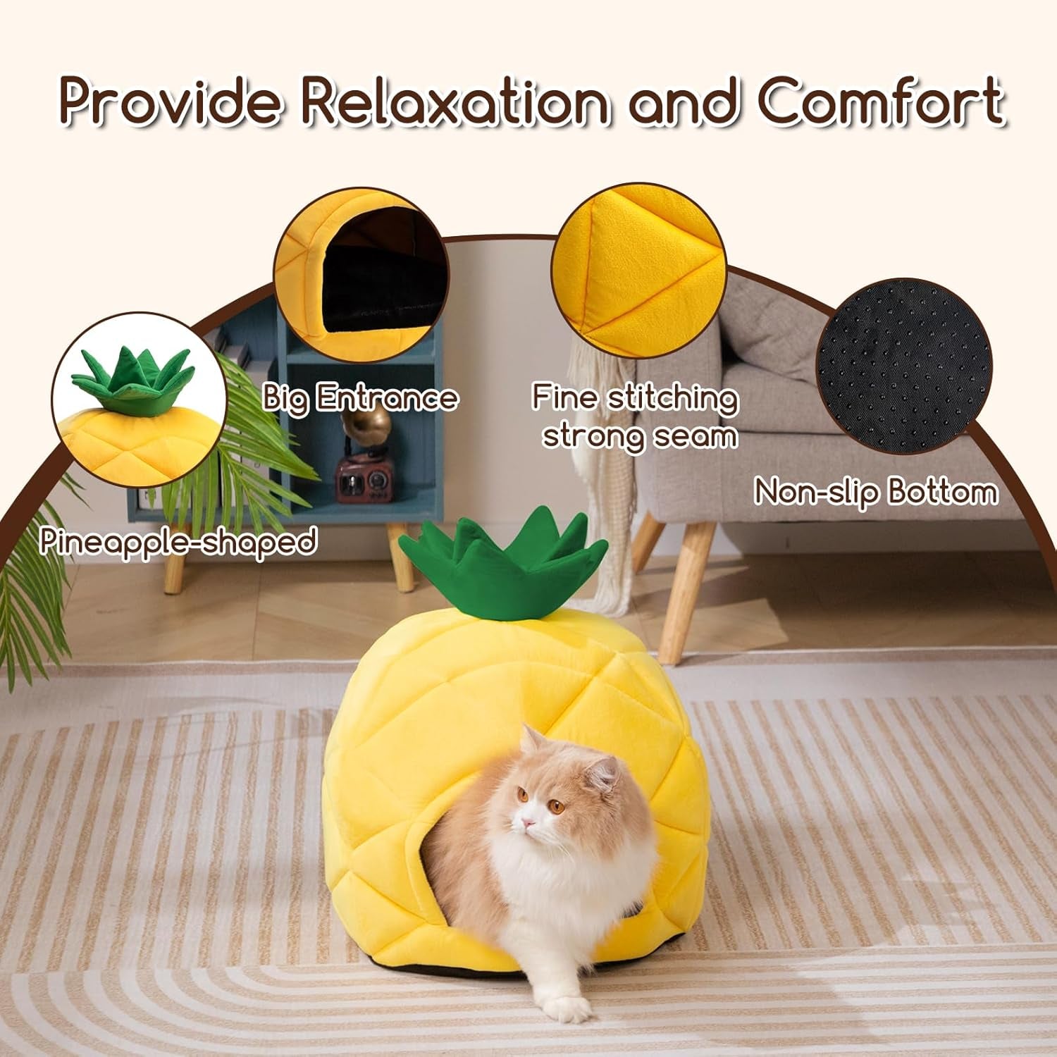 hollypet-cat-bed-cave-for-indoor-cats-for-pets-up-to-15-lbs-pineapple-warm-cat-bed-cats-cave-condo-covered-kitty-house-with-removable-washable-cushion-cozy-enclosed-pet-bed-for-small-dogs