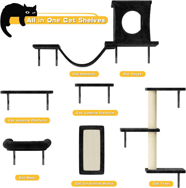 12-In-1 Cat Wall Shelves, Wall Mounted Cat Climber | with Condo House, Scratching Post, Bridge Ladder, Space-Saving Indoor Play Furniture for Kittens, Black5