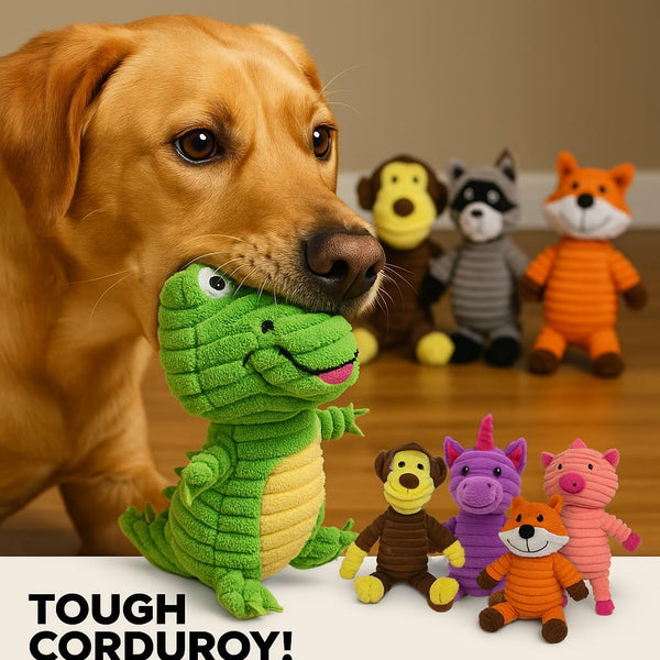 Jalousie Plush Toys Assortment Value Bundle Puppy Pet Mutt Squeak Toy for Medium Large Dogs (5 Pack Corduroy)3