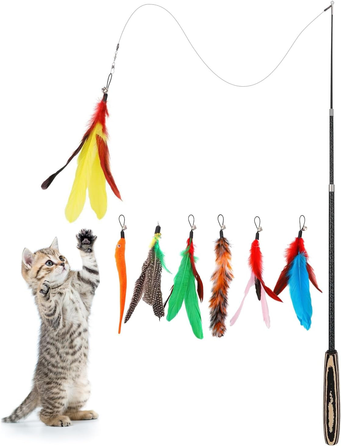 pawaboo-cat-feather-toys-4-pack-interactive-cat-feather-teaser-wand-toys-retractable-fishing-pole-wand-catcher-exerciser-with-refill-fish-dragonfly-worm-with-bells-fun-cat-kitten-kitty-playing-toy