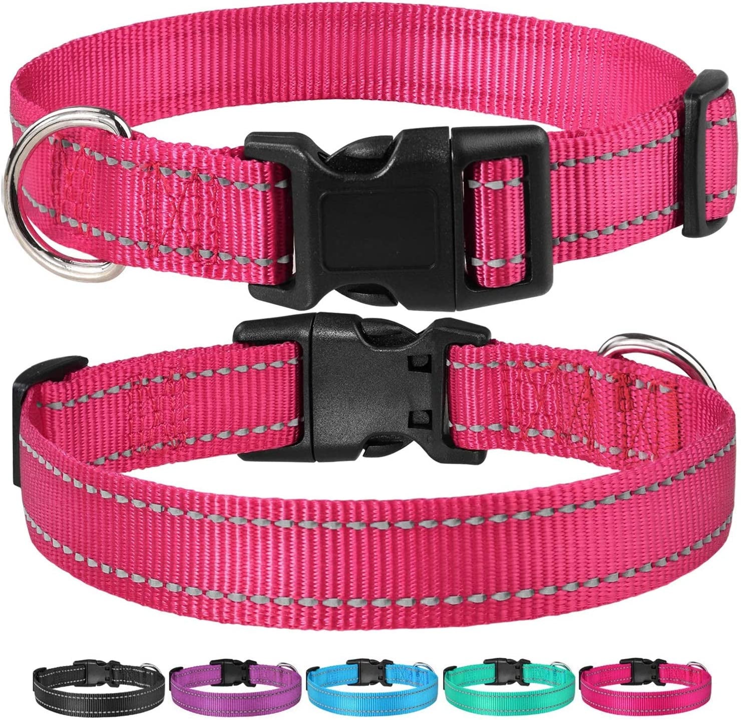 reflective-dog-collar-with-buckle-adjustable-safety-nylon-collars-for-small-medium-large-dogs-pink-m-breathable-nylon-collars-for-small-medium-large-dogs-no-chafing-on-walks-and-outdoor-hikes-metal-d-ring-night-safety