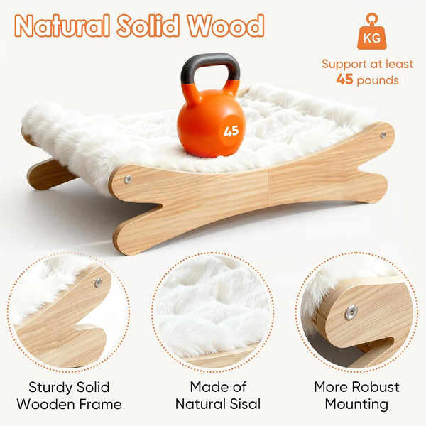 Plush Elevated Cat Bed - Cozy Raised Cat Hammock with Solid Wood Frame, Soft Furry Cushion for Indoor Cats & Small Dogs, Multi-Color Options(White)4