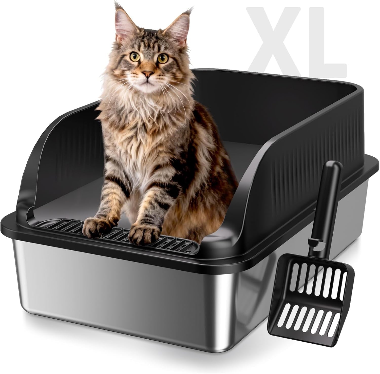 stainless-steel-litter-box-metal-litterpan-for-small-cats-odor-free-metal-litter-pan-tray-toilet-easy-clean-extra-large-leakproof-scoop-open-top-rust-proof-indoor-cats-kittens-low-entry-grey