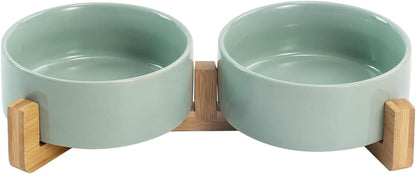 SPUNKYJUNKY Ceramic Dog and Cat Bowl with Wood Stand Non-Slip Matte Glaze Weighted Food Water Set for Cats &Small Dogs 13.5OZ28