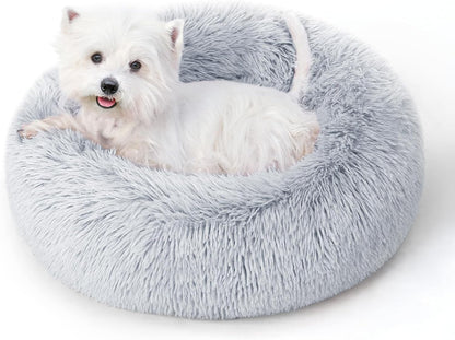 Calming round Dog Bed & Cat Bed for Indoor Cats, Medium Size Washable Anti-Slip Anti-Anxiety Donut Dog Beds for Small Dogs & Cats, Fluffy Plush Soft Dog Bed(20 Inch, Light Grey)1