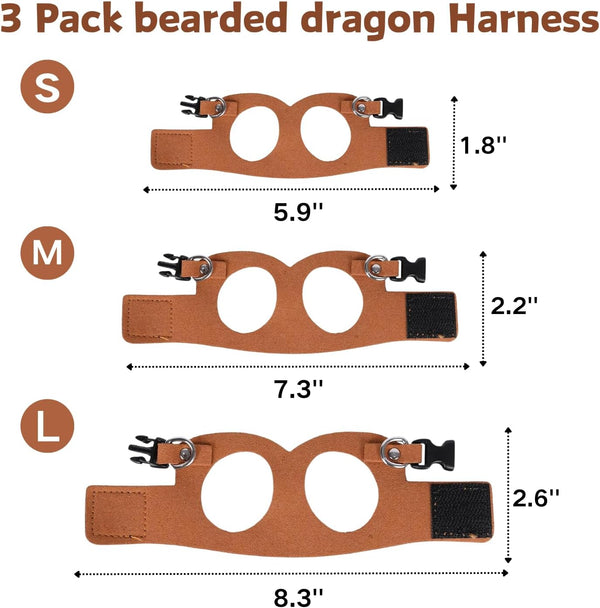 3 Pack Bearded Dragon Harness and Leash Set - Adjustable Soft Leather Lizard Harness Leash Small Animal Traction Rope Training Walking Vest Accessories for Reptile Squirrel Rat (Brown)2