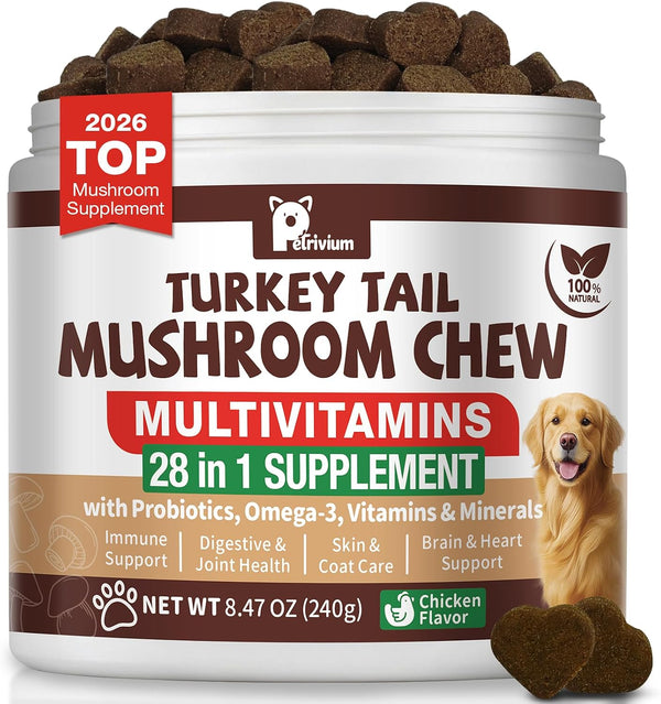 Turkey Tail Mushroom for Dogs with Probiotics - Mushroom Supplement for Dogs Lumps and Bumps, Reishi, Lion'S Mane - Immune Boost, Gut Health, Lipoma, Joint & Skin Support Multivitamin, 120 Chews1