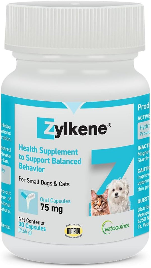 Vetoquinol Zylkene - Calming Oral Capsule for Small Cats & Dogs 11–22 Lb - for Behavior & Occasional Anxiety - Perfect for Boarding, Vet Visits & Celebrations - Non-Drowsy & Lactose-Free - 30 Capsules1
