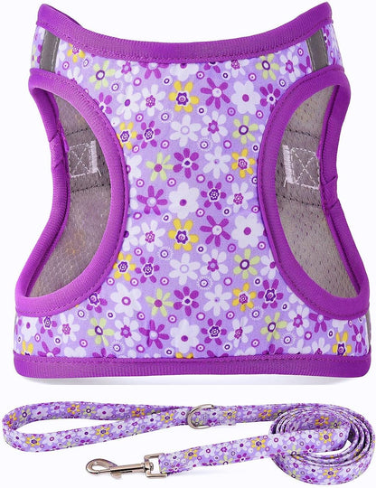 Step in Dog Harness Leash Set- All Weather Reflective No-Pull Floral Pattern Padded Mesh Vest Harness for Cats Puppy Extra-Small Small Medium Large Dogs - Pink Flower - S8