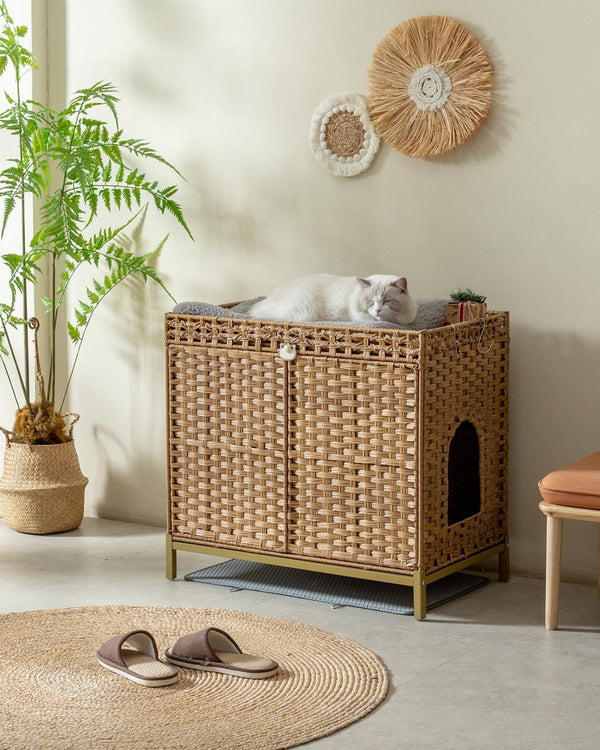SETVSON Cat Litter Box Enclosure Furniture, Rattan PE Kitty House, Natural | Handwoven PE Rattan with 2 Soft Mats, Heightened Metal Feet, 2 S-Hooks, 30.3 X 18.3 X 28 in Spacious Interior Kitty Cabinet6