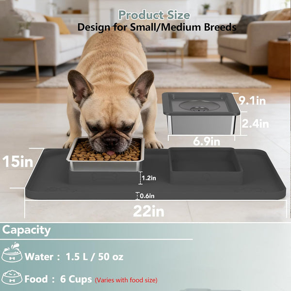 Dog Bowl Set, No Spill Dog Water and Food Bowl with Silicone Mat | Large Capacity 304 Stainless Steel Bowls, 2-In-1 Set, Slows Drinking, Anti-Slip Silicone Feeding Mat, Home/Travel, 6-7 Cups2