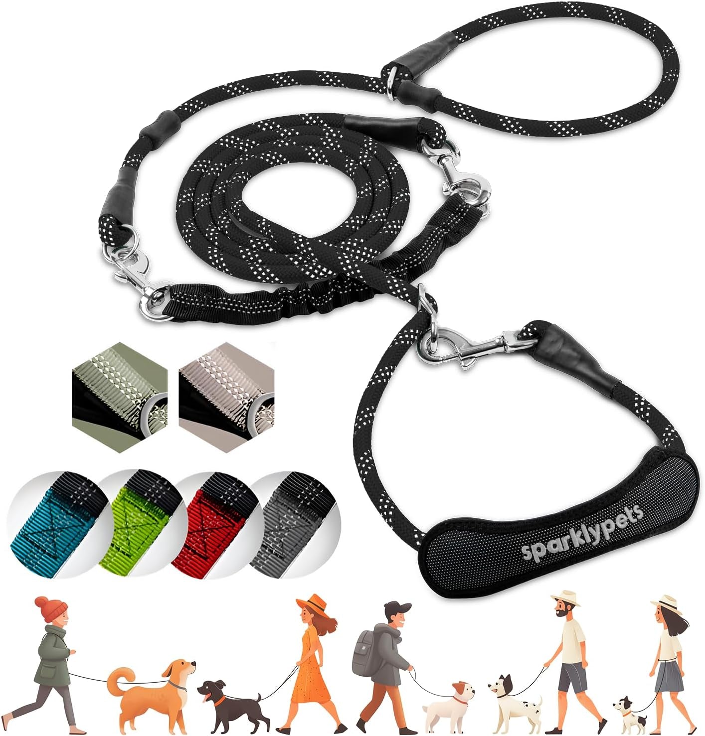 sparklypets-double-dog-leash-for-2-dogs-rope-bungee-dual-leash-for-medium-and-large-breeds-with-padded-handles-tangle-free-teal-medium-large