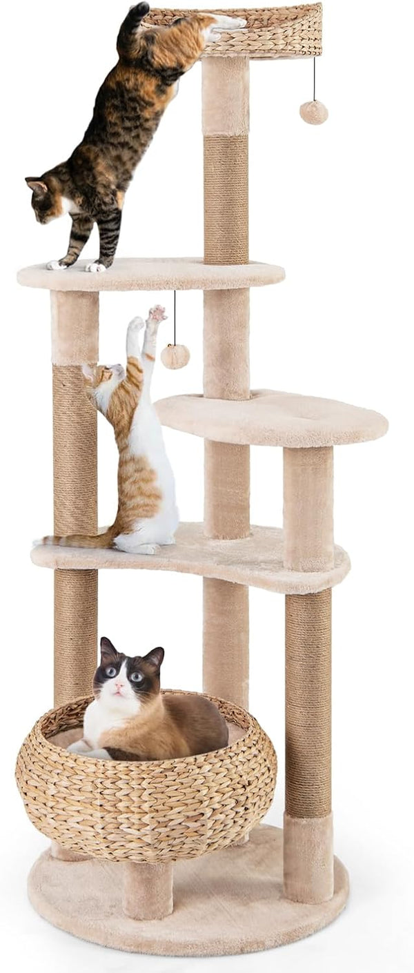 PETSITE 65-Inch Cattail Cat Tree Tower, Multi-Level Cat Tower with Natural Jute Scratching Posts, Cat Bed, Top Perch, Dangling Balls and Jumping Platforms, Modern Tall Cat Tree for Indoor Cats1
