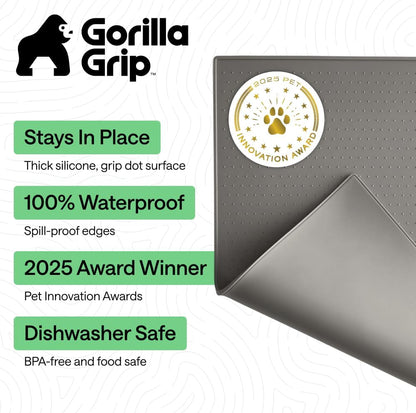 GORILLA GRIP 100% Waterproof Raised Edge BPA Free Silicone Pet Feeding Mat, Dog Cat Food Mats Contain Spills Protects Floors, Placemats for Cats and Dogs Water Bowl, 18.5X11.5, Gray2