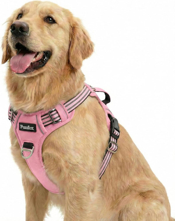 Funfox Dog Harness Medium Sized Dog, Vertical Handle Easy Control, No Pull Pet Vest Adjustable with 2 Leash Clips, Soft Material, Reflective Safe Night Walking for Small Medium Large Breed, Black, M38