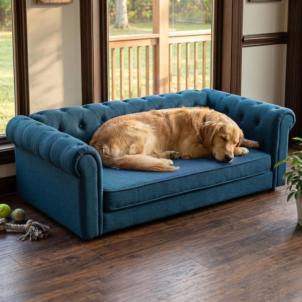 Elevated XL Large Dog Sofa with Backrest and Armrests, 55" Button Tufted Dog Couch Bed with Soft Cushion for Large Dogs, Stylish Lounging Bed Pet Couch Chair, 120Lbs Weight Capacity, Beige11