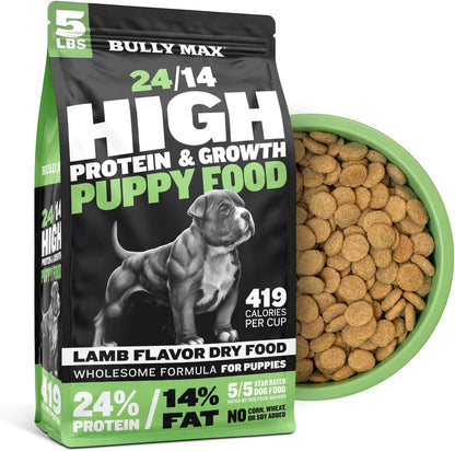 Bully Max Puppy Food 24/14 High Protein & Growth Formula - Dry Dog Food with Lamb and Rice for Small and Large Breed Puppies - Chicken Free, 419 Cal/Cup, Sensitive Stomach Kibble, 5 Lb Bag1